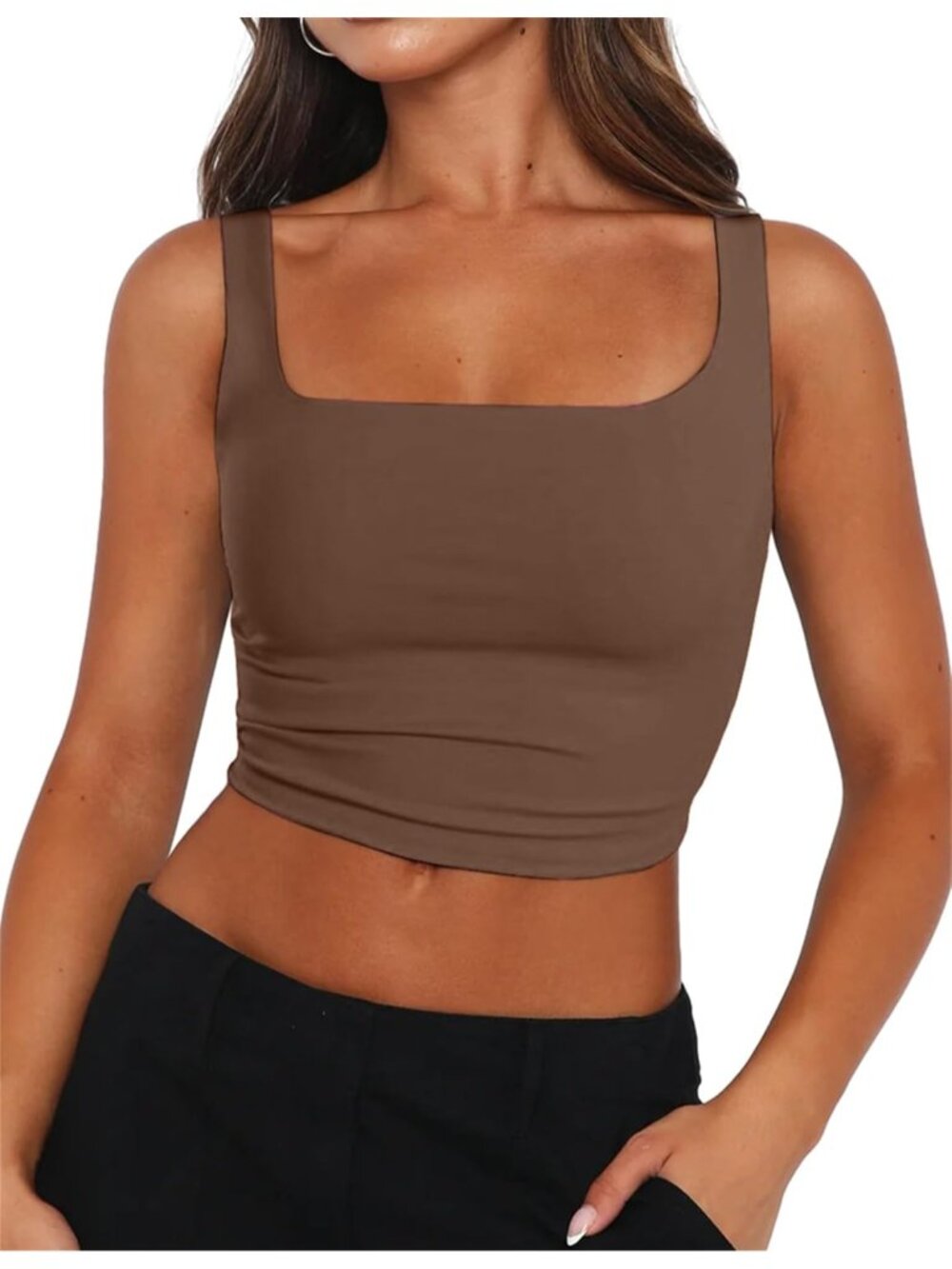Women's Brown Square Neck Sleeveless Double Layer Casual Slim Fit Crop Tops
